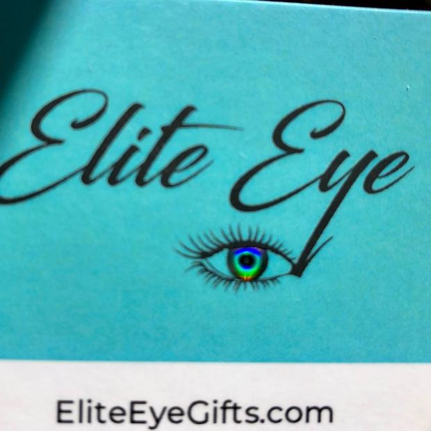 The Elite Eye logo in script with a holographic eye, printed on a turquoise gift box