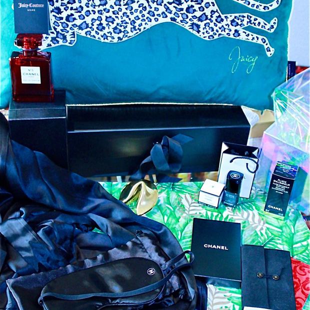 Chanel No.5, Chanel beauty, a silk robe and eye mask with a Juicy Couture velvet pillow